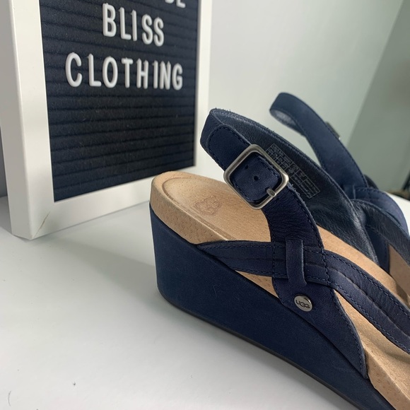 Ugg Kenley Navy Leather Strappy Slingback Wedges Size 9 - Picture 4 of 12